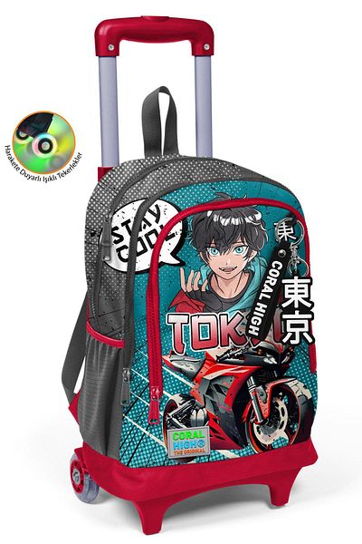 Coral High Rucsac de școală cu trei compartimente cu model Nefti Anime pentru copii, gri pentru motociclete, cu rulotă 23964