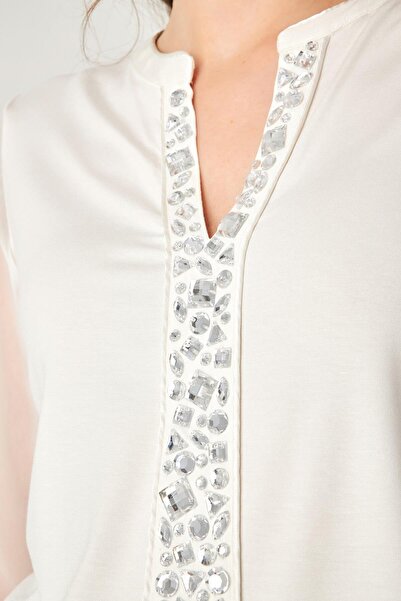 Hanna's by Hanna Darsa Stone Detailed Long Chiffon Sleeve Round Open Collar Blouse