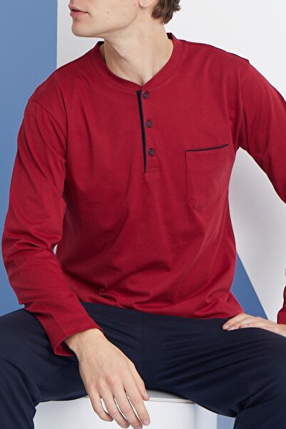 KLY Ανδρικό μακρυμάνικο μίντι γιακά μπορντό σετ πιτζάμες C9T2N5O0