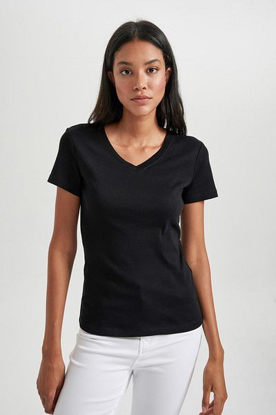 DeFacto V-Neck Slim Fit Rib T-Shirt - 100% Cotton, Short Sleeve, I1080Az23Sm