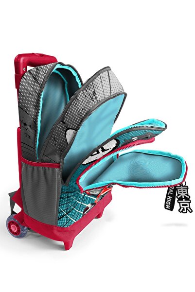 Coral High Kids Gray Nefti Anime Motorcycle Patterned Three Compartment School Backpack with Squeegee 23964