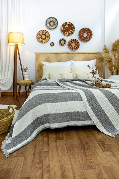 destinyhometex Antrasit 6 Katlı Organik Multi Muslin & Keten Yatak Ve Koltuk Örtüsü 200x250cm