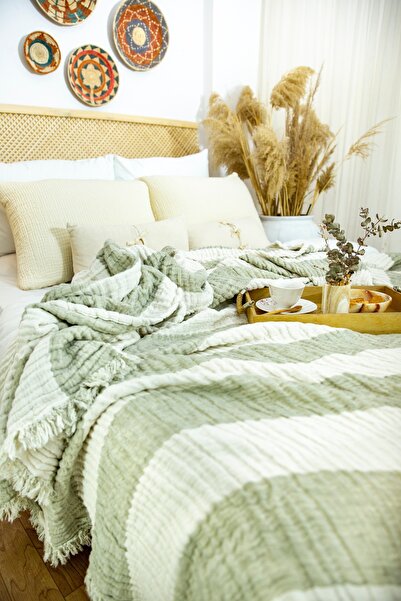 destinyhometex Adaçayı Yeşil 6 Katlı Organik Multi Muslin & Keten Yatak Ve Koltuk Örtüsü 160x240cm