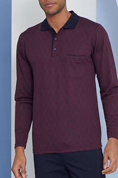 KLY Ανδρικό μακρυμάνικο γιακά πόλο μπορντό σετ πιτζάμες C9T2N4O7