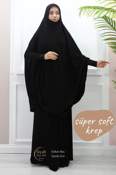 SİYAH NUR Sultan Baş İki Parça Sandy Kol Süper Soft Krep Çarşaf