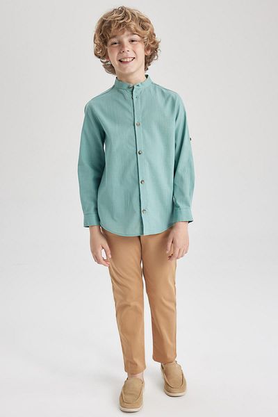 DeFacto Boy's Stand Collar Linen Look Basic Long Sleeve Shirt Z1035A623Sm