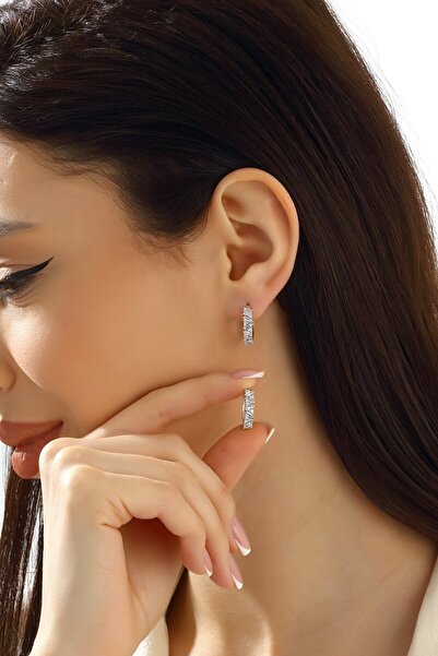 MySilvers Asimetrik Baget Taşlı Halka Küpe