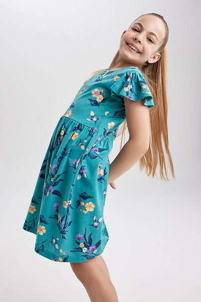 DeFacto Rochie din bumbac pieptănat cu mânecă scurtă, cu decolteu, cu imprimeu floral, pentru fete W7746a623sm