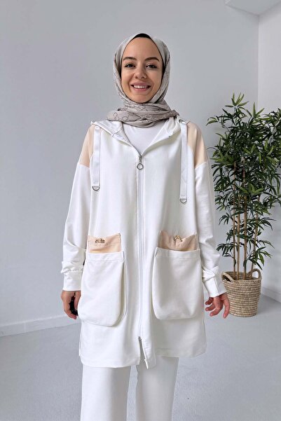 Ka Hijab Costum din două fire cu buzunar pentru geantă - alb