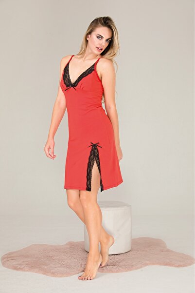 Genel Markalar Kadın Nar Çiçeği Dantel Detaylı Yırtmaçlı İp Askılı Likralı Ör...