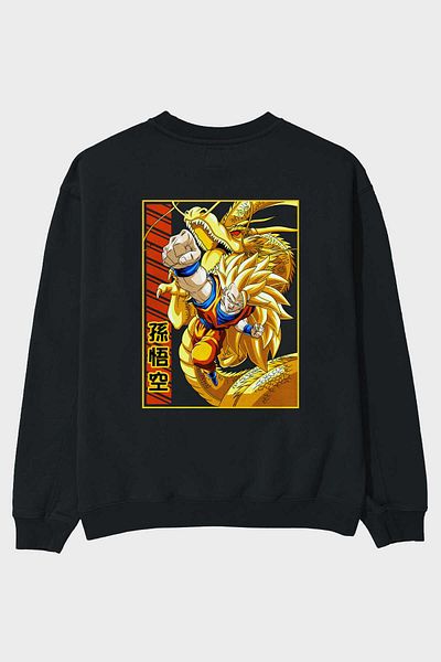 Ankhises Hanorac oversize negru cu imprimeu pe spate DragonBall Goku Anime Bărbați Gâtul turnat pentru femei