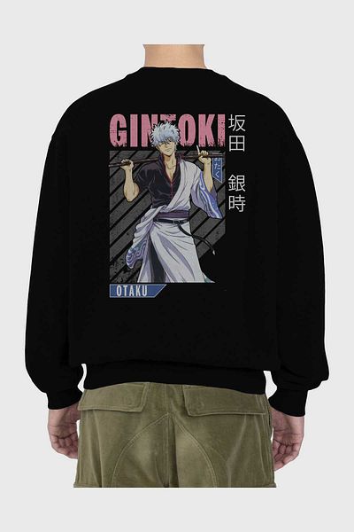 Ankhises Gintoki Sakata GINTAMA 3 Hanorac negru supradimensionat cu imprimeu pe spate pentru bărbați, femei, cu gât crepus