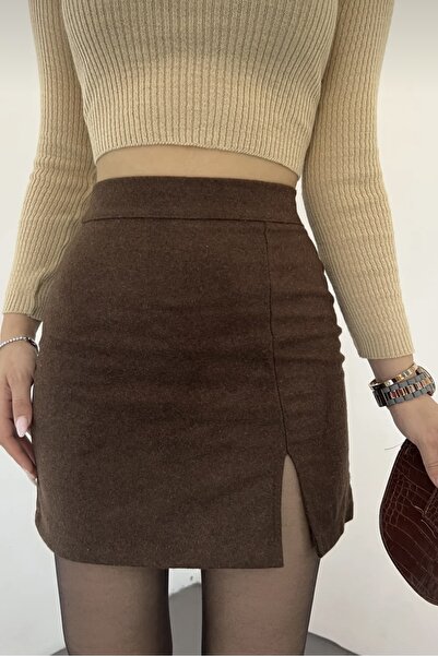 fiyou Кафява мини пола с една цепка от кашмир