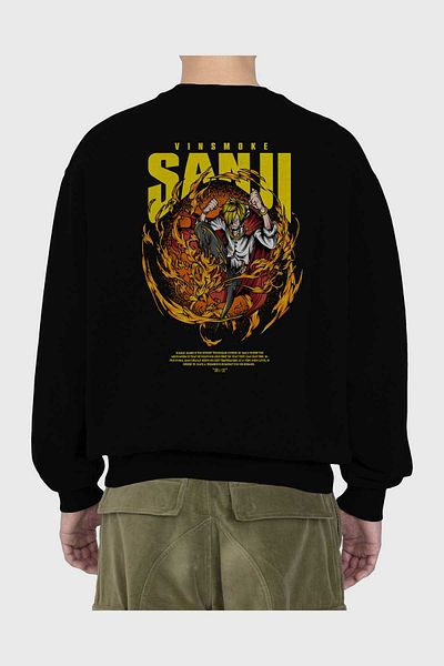 Ankhises Vinsmoke Sanji Hanorac supradimensionat negru cu imprimeu pe spate, bărbați, femei, cu gât crepus