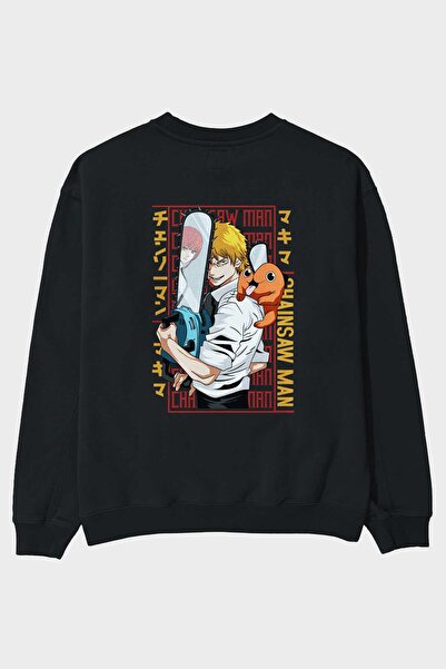 Ankhises Аніме-принт «Chainsaw DENJI» на спині, чорний оверсайз-светр з велос...
