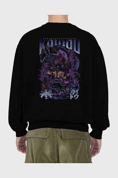 Ankhises KAIDOU ONE PIECE Hanorac supradimensionat negru cu imprimeu pe spate, bărbați, femei, cu gât crepus