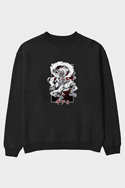 Ankhises سويت شيرت LUFFY GEAR 5 للرجال والنساء أسود كبير الحجم - طباعة أمامية...
