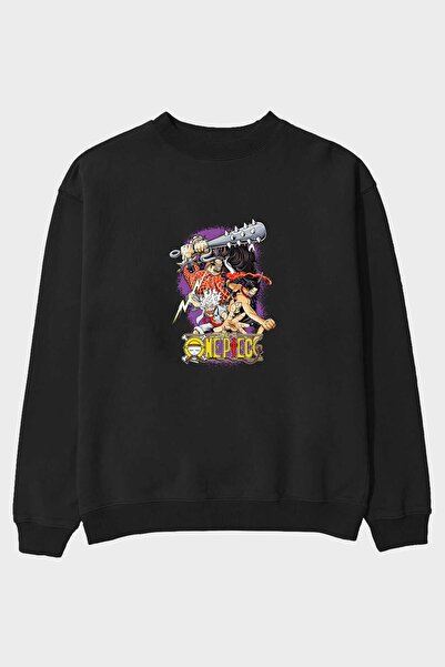 Ankhises ONE PIECE (6) Anime Front Štampano Crna Oversize kroj Dukserica Mušk...