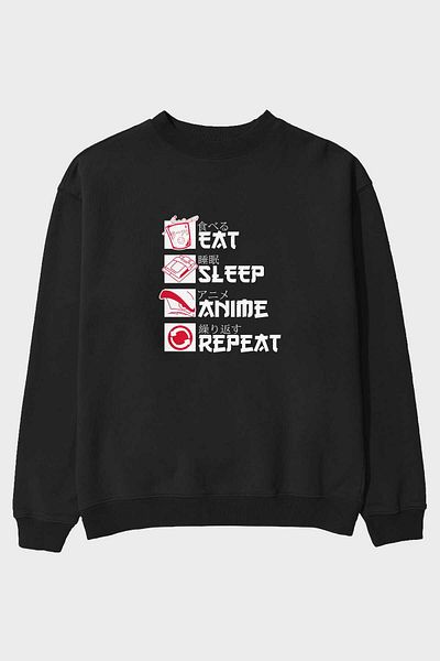 Ankhises Eat, Sleep, Anime, Repeat Anime Hanorac negru supradimensionat cu imprimeu în față Bărbați Femei Gâtul turn