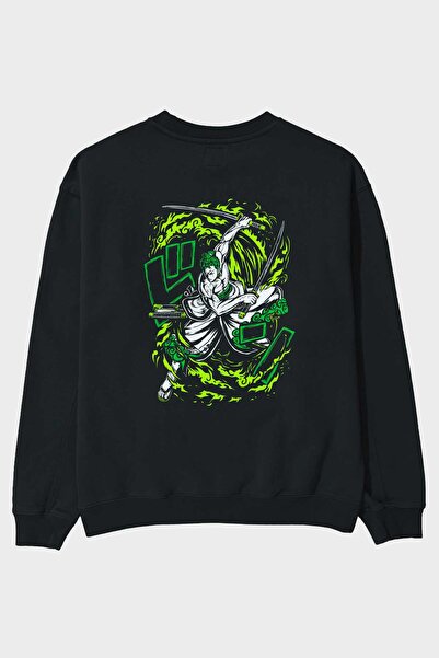 Ankhises ZORO-ONE PIECE (2) Anime Back Printed Μαύρο Φούτερ Oversize Ανδρικό ...