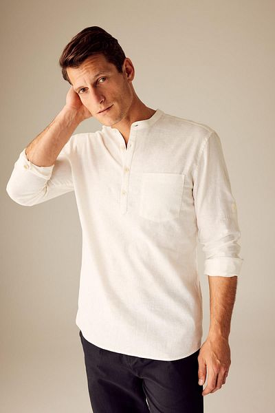 DeFacto Slim Fit Slim Fit Stand Collar Long Sleeve Linen Blended Shirt U8570Az23Sm