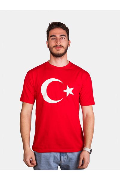 Çapıt Unisex 100% Cotton Standard Cut Crew Neck Short Sleeve White Turkish Flag Printed T-Shirt