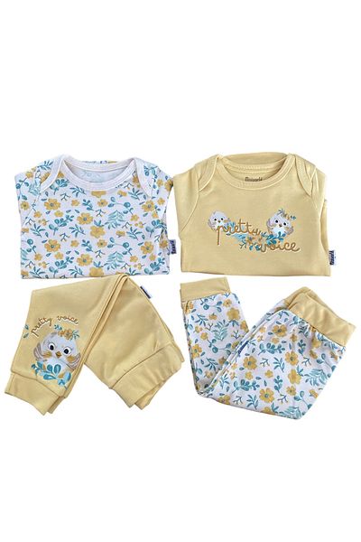 Miniworld Baby Girl Bird Flower Patterned 4-Piece Top-Bottom Set