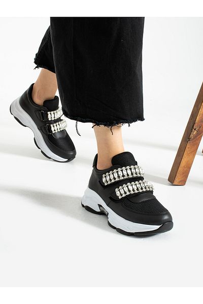 Alemdar Shoes Pantofi de damă BONITA Black Velcro Stone Detail