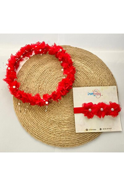 irembaby Anne Bebek Lohusa Seti Kırmızı İncili Çiçekli Lohusa Tacı ve Bebek S...