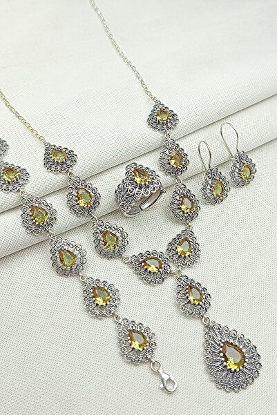 Güzel Gümüşçülük 925 Ayar Gümüş Mardin Midyat Telkari El Işi Doğal Taşlı Damla Model Kadın Gerdanlıklı 4'lü Set&Takım