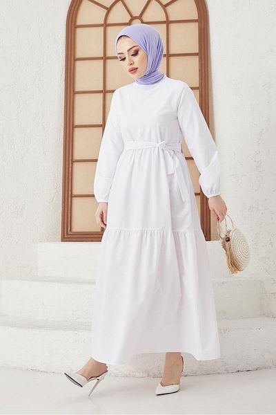 benguen Φόρεμα Hijab με ζώνη μηδενικού γιακά 411 Λευκό