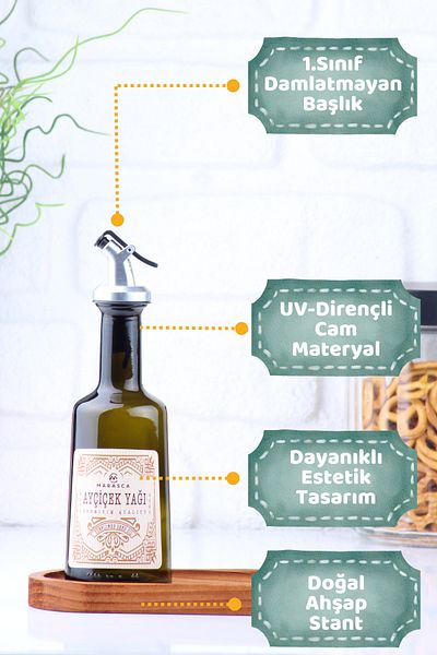 incili home Marasca Wooden Stand 2-Piece 250 ml Sunflower Oil and Olive Oil Silver Head Glass Bottle Set