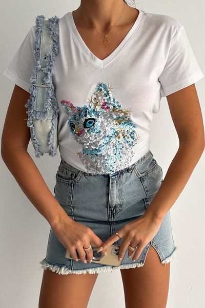 FEMELLE Women's White V-Neck Cat Sequin Embroidered 100% Cotton T-Shirt
