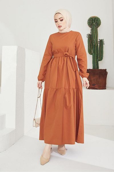 benguen Φόρεμα Cinnamon Color 411 Model Zero Collar and Beted Waist Hijab