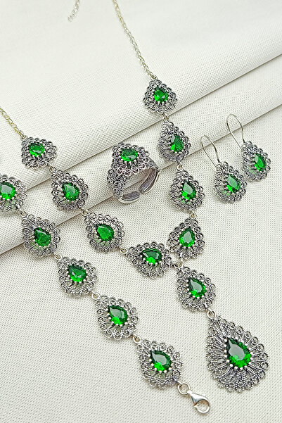 Güzel Gümüşçülük 925 Ayar Gümüş Mardin Midyat Telkari El Işi Doğal Taşlı Damla Model Kadın Gerdanlıklı 4'lü Set&Takım