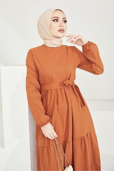 benguen Φόρεμα Cinnamon Color 411 Model Zero Collar and Beted Waist Hijab