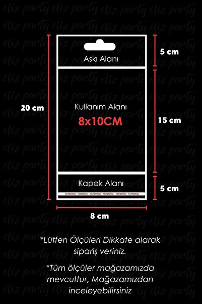 Eliz Party 8x20cm Askılı Bantlı Jelatin OPP Poşet Kurabiye Aksesuar Hediye Paketleme Raf Poşeti 100 Adet
