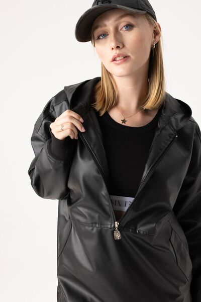 gothamvibes Kadın Siyah Deri Hoodie Yağmurluk