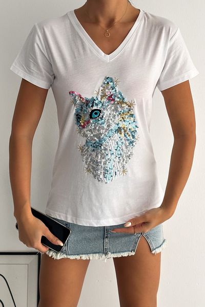 FEMELLE Women's White V-Neck Cat Sequin Embroidered 100% Cotton T-Shirt