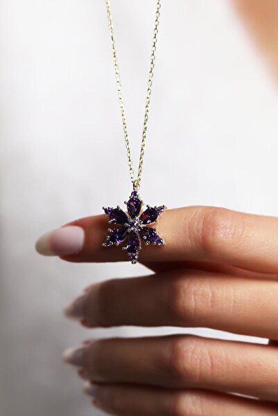 Genel Markalar Kamelya Çiçeği Mor Taşlı 14 K Rose Altın Kaplama Kadın Kolye