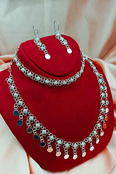 Güzel Gümüşçülük 925 Ayar Gümüş Mardin Midyat Telkari El İşi Kişniş Akıtma Model 1 Sıra Pullu Kadın 3'lü Set&Takım