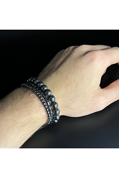 CERTIFIED  Hematite 3-Piece Combination Macrame Natural Stone Bracelet