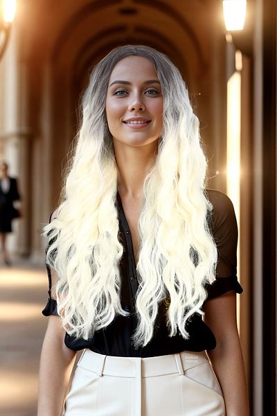 KONAK PERUK Light Black / Platinum Ombreli Fiber Synthetic Long Water Wave Wig