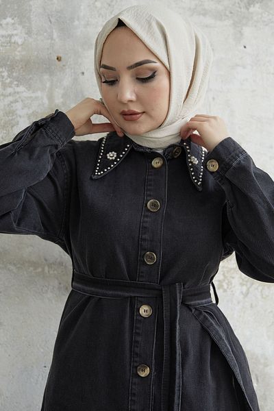 InStyle تونيك جينز بحزام مزين بشراشيب - أسود