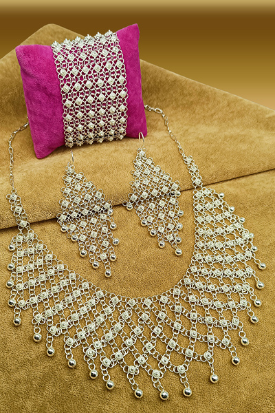 Güzel Gümüşçülük 925 Ayar Gümüş Mardin Midyat Telkari El İşi Kişniş Akıtma Model 6 Sıra Toplu Kadın 3'lü Set&Takım