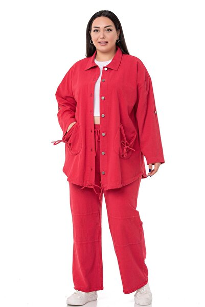 DISENTIS MODEST Large Size Long Red Jacket with Folded Sleeves and Pocket Drawstring Detail