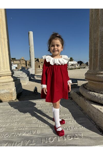 Alingo Vintage Scallop Collar Detailed Girl's Red Dress