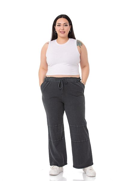 DISENTIS MODEST Large Size Black Trousers with Tassels and Sequins Detail and Pockets