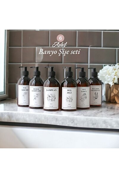 Dem Home Amber Cam Görünümlü Plastik Sabunluk 6lı Banyo&mutfak Düzenleyici Şişe Seti 500ml Ve Pompalı Kapak