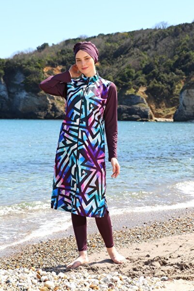 SEBOTEKS Ψηφιακή εκτύπωση Long Gilet Model Closed Hijab μαγιό 3484